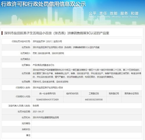 深圳市鹽田區(qū)燕子生活用品小百貨 張杏燕 被罰 涉嫌銷售假冒3C認證產(chǎn)品